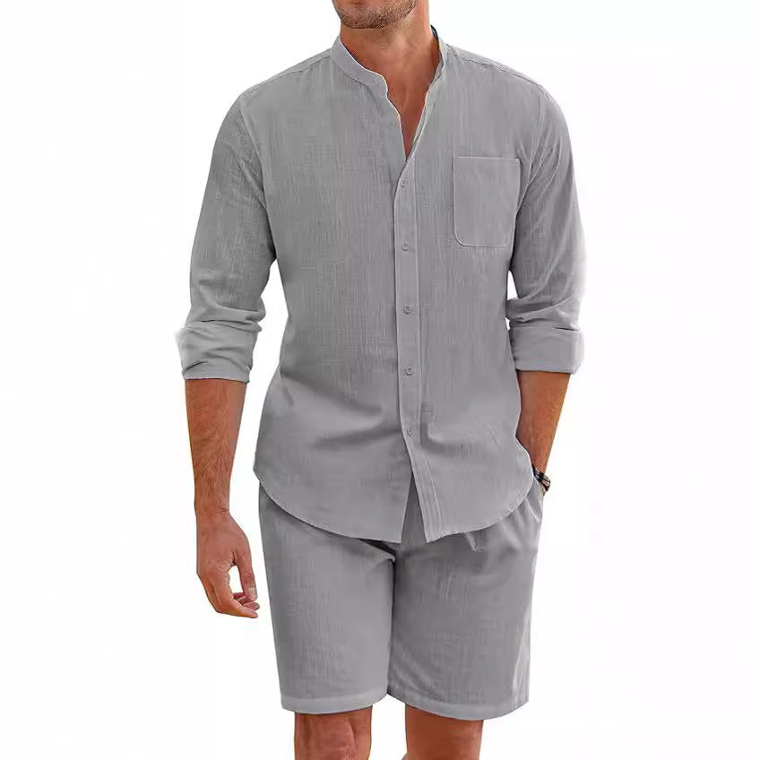 Men's Summer Two-piece Polyester Button Shirt Long Sleeve Shorts